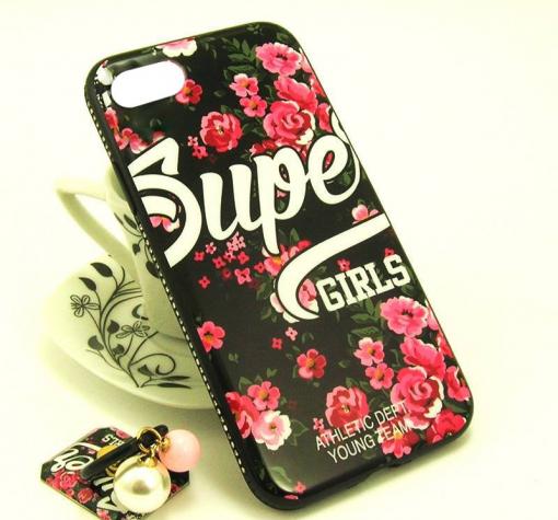 Луксозен твърд гръб със стойка за Apple iPhone 7 / iPhone 8 - черен / цветя / Super Girls