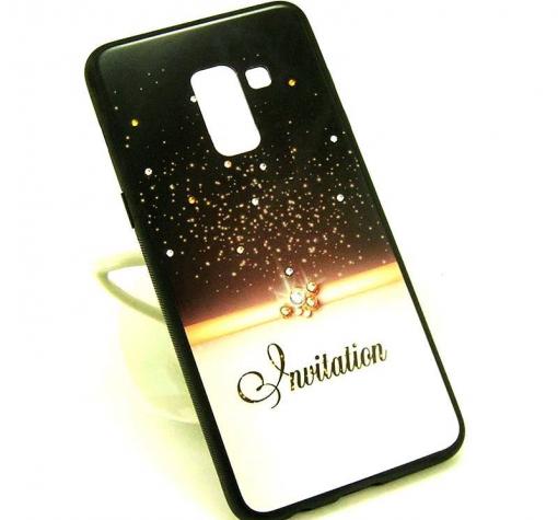 Луксозен стъклен твърд гръб със силиконов кант и камъни за Samsung S9 Plus G965 - черен / Invitation