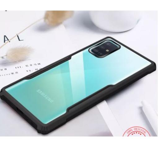 Луксозен твърд гръб Hybrid със силиконов кант за Samsung A51 - прозрачен / черен кант