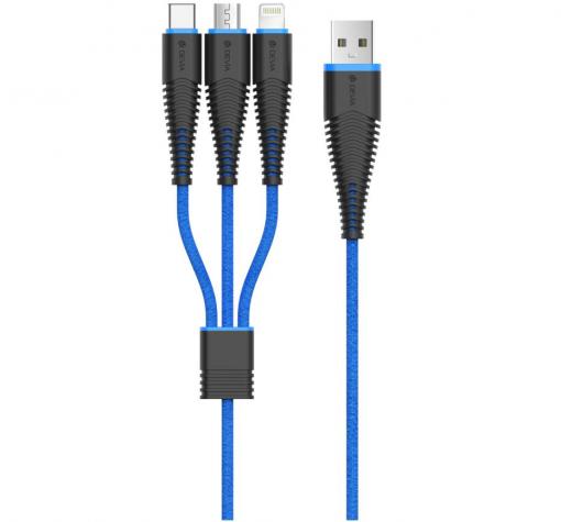 Универсален USB кабел DEVIA Fish Bone 3in1 Lightening, Micro USB, Type-C Charging Cable 1.2M - черен със синьо