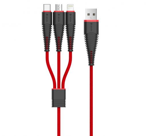 Универсален USB кабел DEVIA Fish Bone 3in1 Lightening, Micro USB, Type-C Charging Cable 1.2M - черен с червено