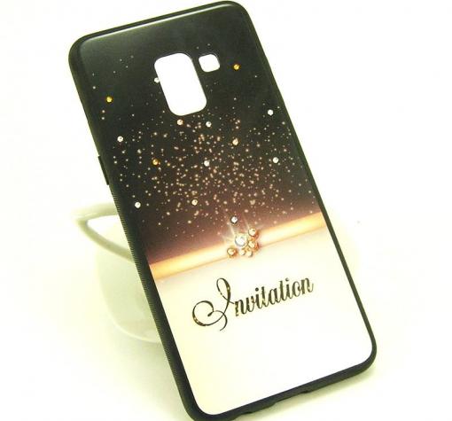 Луксозен стъклен твърд гръб със силиконов кант и камъни за Samsung A8 2018 A530F - черен / Invitation