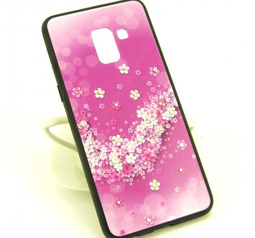 Луксозен стъклен твърд гръб със силиконов кант и камъни за Samsung A8 2018 A530F - лилав с цветя