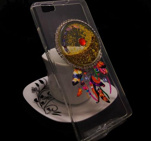 Луксозен силиконов калъф / гръб / TPU 3D за Huawei P8 Lite - прозрачен / златист брокат / капан за сънища