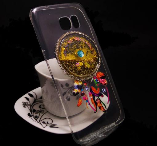 Луксозен силиконов калъф / гръб / TPU 3D за Samsung S7 Edge G935 - прозрачен / златист брокат / капан за сънища