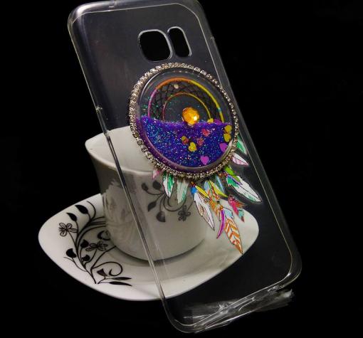 Луксозен силиконов калъф / гръб / TPU 3D за Samsung S7 Edge G935 - прозрачен / лилав брокат / капан за сънища