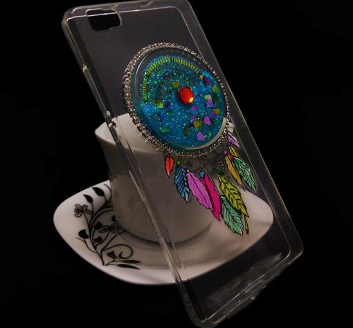 Луксозен силиконов калъф / гръб / TPU 3D за Huawei P8 Lite - прозрачен / син брокат / капан за сънища