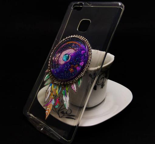 Луксозен силиконов калъф / гръб / TPU 3D за Huawei P9 Lite - прозрачен / лилав брокат / капан за сънища