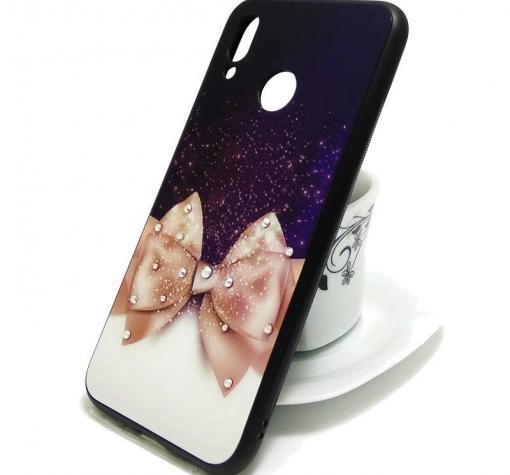 Луксозен стъклен твърд гръб със силиконов кант и камъни за Huawei P20 Lite - черен с панделка