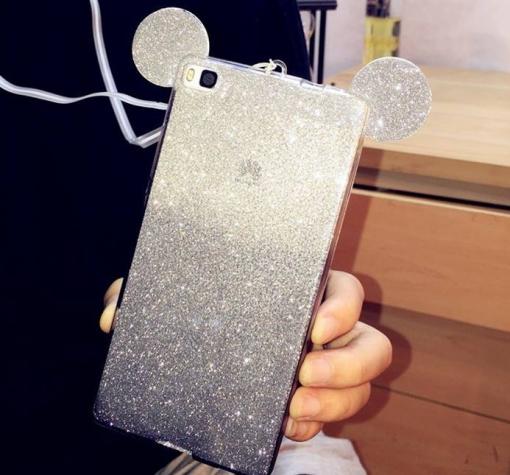 Луксозен силиконов калъф / гръб / TPU 3D за Huawei P8 Lite - прозрачен / сив брокат / миши ушички / 2в1