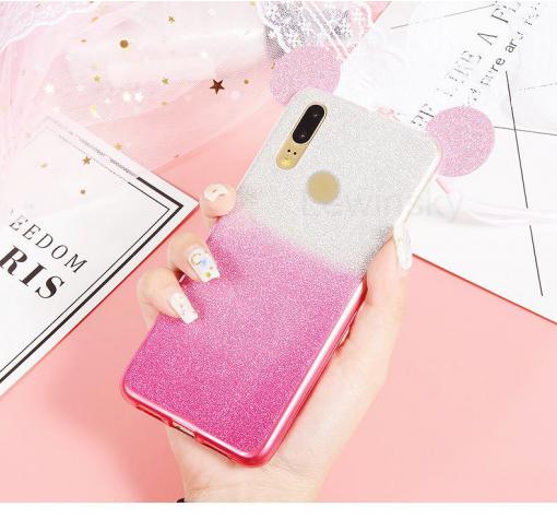 Луксозен силиконов калъф / гръб / TPU 3D за Samsung A40 - преливащ / розово и сребристо / брокат / миши ушички / 2в1