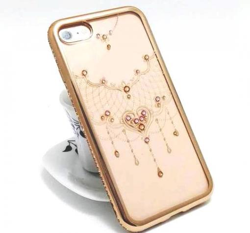 Луксозен силиконов калъф / гръб / TPU / Elegant с камъни за Apple iPhone 7 / iPhone 8 - прозрачен със златист кант / огърлица със сърце