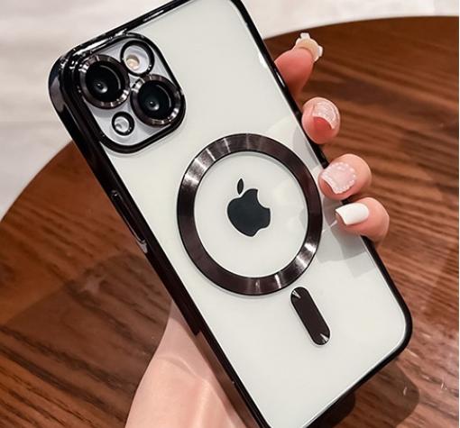Луксозен силиконов калъф / кейс / MagSafe case за Apple iPhone 14 6.1" - прозрачен кейс / черен кант