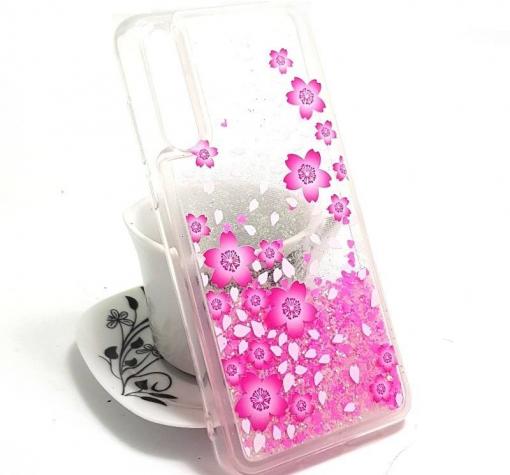 Луксозен твърд гръб 3D за Huawei P20 - прозрачен / розови цветя / розов брокат