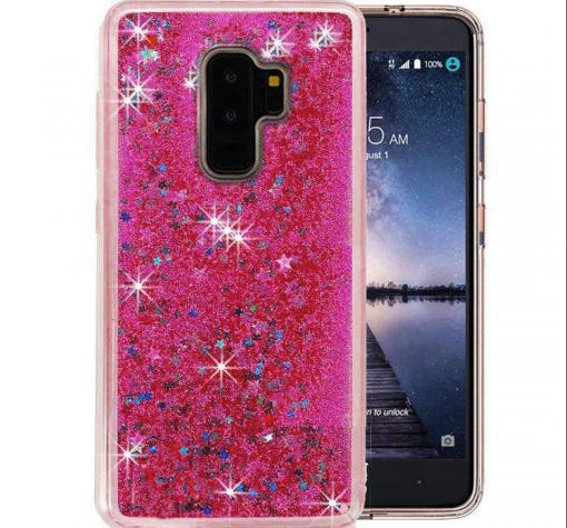 Луксозен твърд гръб 3D за Samsung A6 2018 - прозрачен / цикламен брокат / звездички