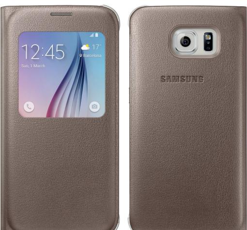 Кожен калъф Flip Cover S-View тип тефтер за Samsung S6 Edge G925 - златен
