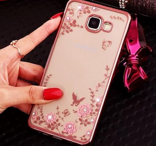 Луксозен силиконов калъф / гръб / TPU с камъни за Samsung A5 2016 A510 - прозрачен / розови цветя / Rose Gold кант