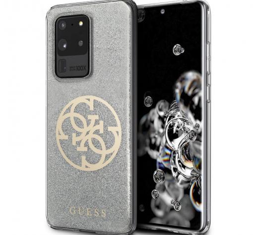 Оригинален силиконов гръб Guess Glitter за Samsung S20 Ultra - прозрачен / брокат