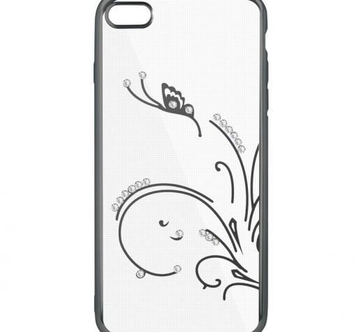 Луксозен силиконов калъф / гръб / TPU с камъни за Apple iPhone 7 / iPhone 8 - прозрачен / черен кант / пеперуда