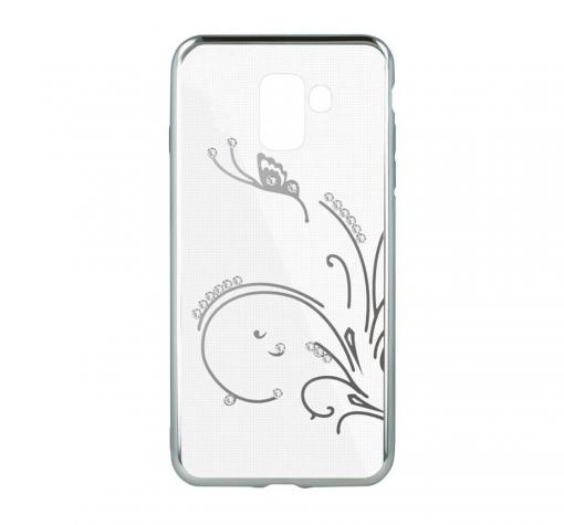 Луксозен силиконов калъф / гръб / TPU с камъни за Samsung J6 2018 - прозрачен / сребрист кант / пеперуда