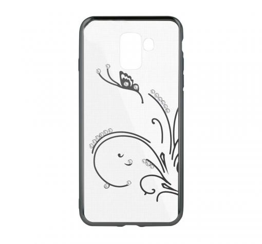 Луксозен силиконов калъф / гръб / TPU с камъни за Samsung A6 2018 - прозрачен / черен кант / пеперуда
