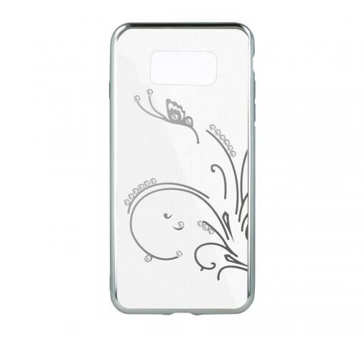 Луксозен силиконов калъф / гръб / TPU с камъни за Samsung S8 G950 - прозрачен / сребрист кант / пеперуда