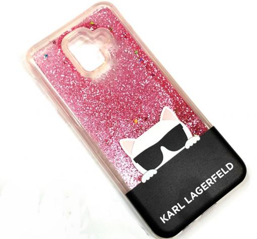 Луксозен твърд гръб 3D за Samsung A6 2018 - прозрачен / розов брокат / KARL LAGERFELD
