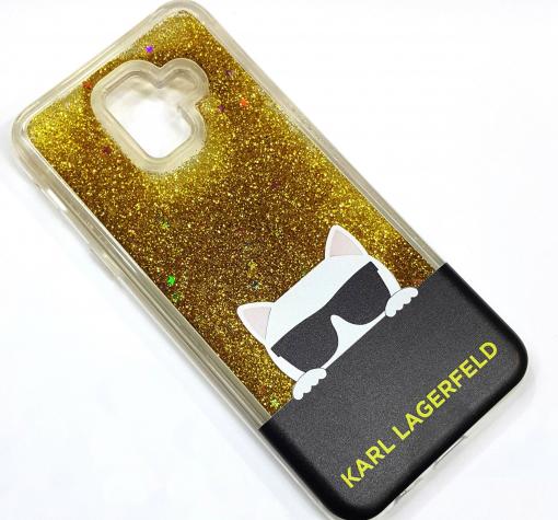 Луксозен твърд гръб 3D за Samsung A6 Plus 2018 - прозрачен / златист брокат / KARL LAGERFELD