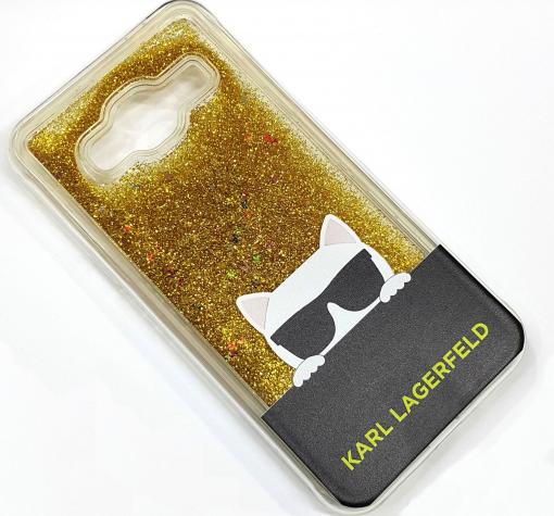Луксозен твърд гръб 3D за Samsung J3 / J3 2016 J320 - прозрачен / златист брокат / KARL LAGERFELD
