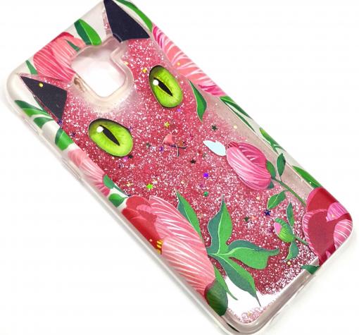Луксозен твърд гръб 3D за Samsung J6 2018 - прозрачен / златист брокат / Pink Flowers & Cat Eyes