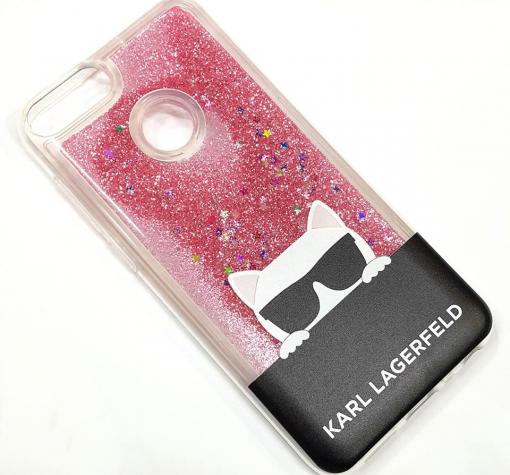 Луксозен твърд гръб 3D за Huawei P Smart - прозрачен / розов брокат / KARL LAGERFELD