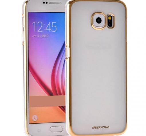 Луксозен твърд гръб / капак / Meephone за Samsung S6 Edge G925 - прозрачен със златен кант