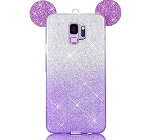 Луксозен силиконов калъф / гръб / TPU 3D за Samsung S9 Plus G965 - преливащ / лилаво и сребристо / брокат / миши ушички / 2в1