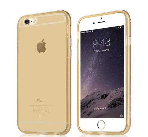 Метален бъмпер / Bumper Baseus Golden Case със силиконов гръб за Apple iPhone 6 / 6s - прозрачен / златист