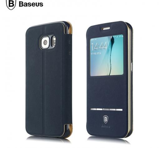 Луксозен кожен калъф Flip тефтер S-View Baseus Terse Leather Case за Samsung S6 Edge G925 - тъмно син със стойка