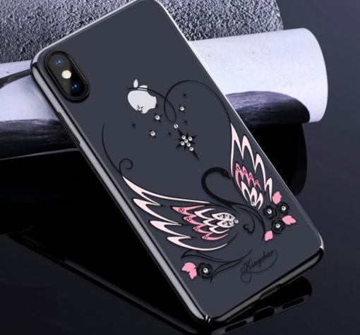 Луксозен твърд гръб KINGXBAR Swarovski Diamond за Apple iPhone X / iPhone XS - прозрачен / черен кант / swan