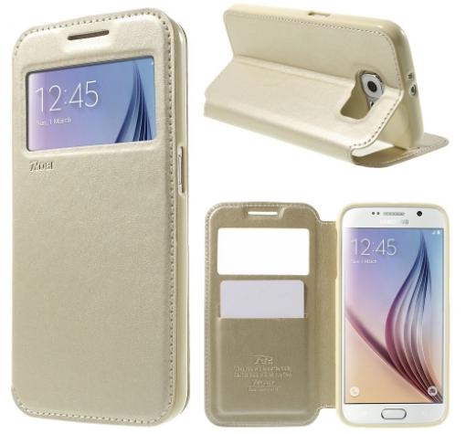 Кожен калъф Flip тефтер Roar Noble Leather View Flexi със стойка за Samsung S6 Edge G925 - златен