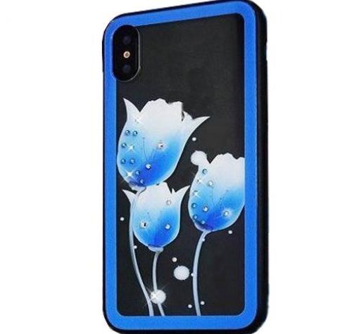 Луксозен стъклен твърд гръб със силиконов кант за Huawei Mate 20 Pro - сини лалета с камъни