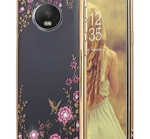 Луксозен силиконов калъф / гръб / TPU с камъни за Motorola Moto Z3 Play - прозрачен / розови цветя /златист кант