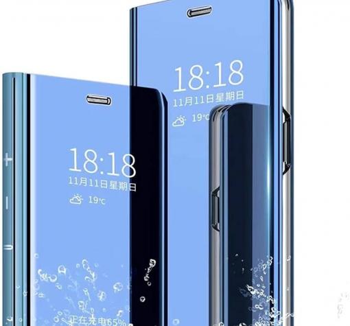 Луксозен калъф Clear View Cover с твърд гръб за Realme C21 - син