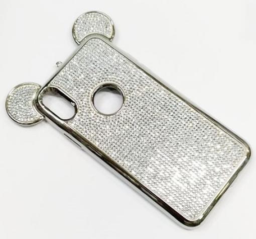 Луксозен твърд гръб 3D с камъни за Apple iPhone X / iPhone XS - сребрист / миши ушички