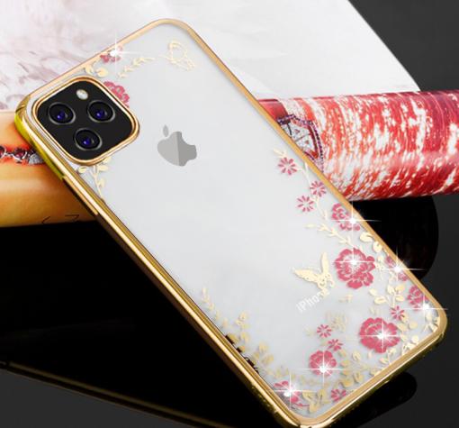Луксозен силиконов калъф / гръб / TPU с камъни за Apple iPhone 11 Pro 5.8" - прозрачен / розови цветя / златист кант