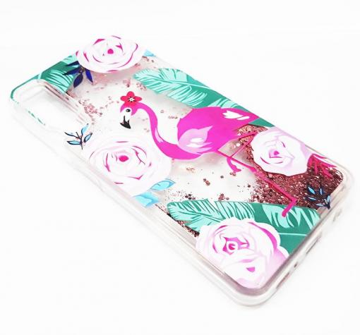 Луксозен твърд гръб 3D Water Case за Samsung A7 2018 A750F - прозрачен / розов брокат / фламинго