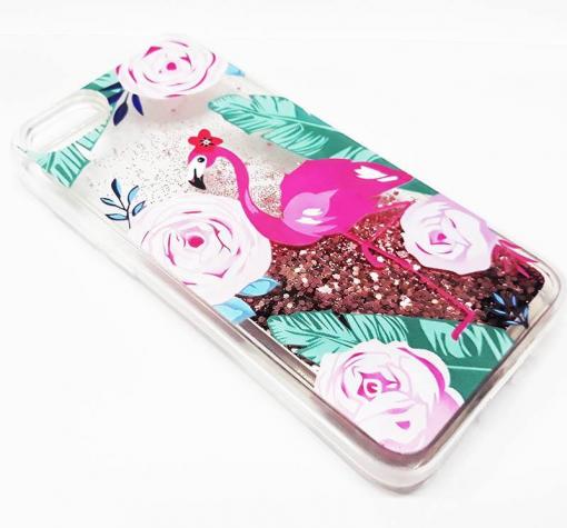 Луксозен твърд гръб 3D Water Case за Apple iPhone 7 Plus / iPhone 8 Plus - прозрачен / розов брокат / фламинго
