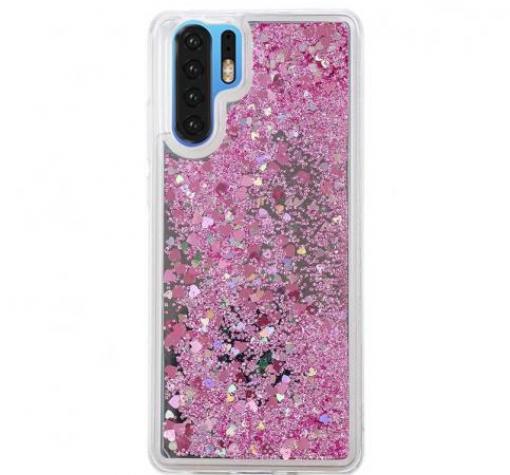 Луксозен твърд гръб 3D Water Case за Samsung Note 10 N970 - прозрачен / течен гръб с розов брокат