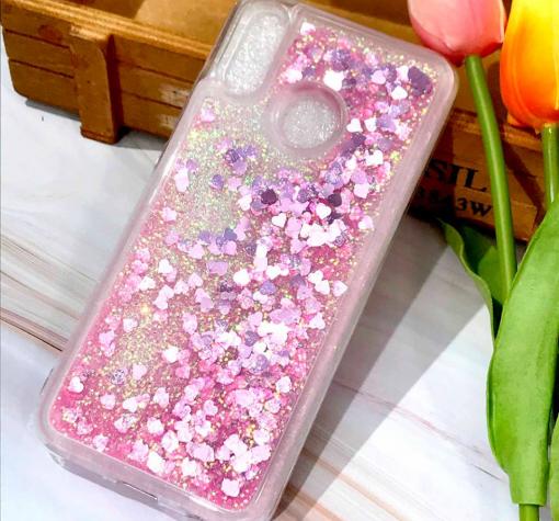 Луксозен твърд гръб 3D Water Case за Huawei P Smart 2019 - прозрачен / течен гръб с брокат / сърца / розов