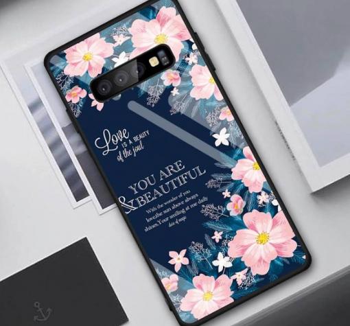 Луксозен стъклен твърд гръб за Samsung S10 - син с цветя / YOU ARE BEAUTIFUL