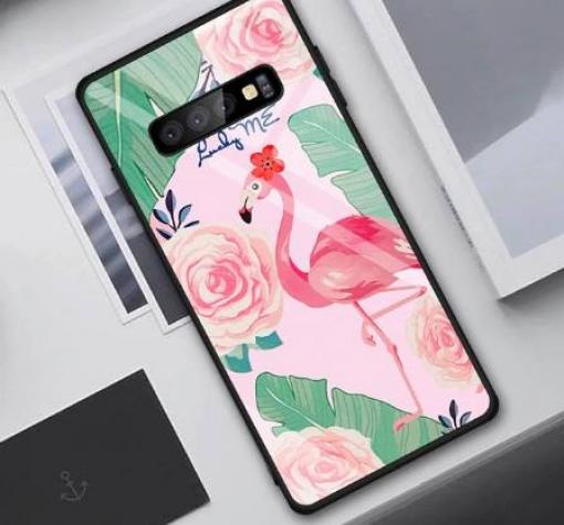 Луксозен стъклен твърд гръб за Samsung S10 Plus - фламинго