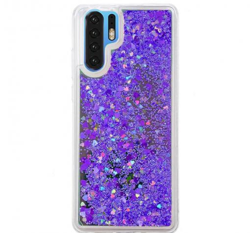 Луксозен твърд гръб 3D Water Case за Huawei P30 Pro - прозрачен / течен гръб с брокат / сърца / лилав