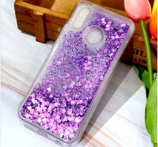 Луксозен твърд гръб 3D Water Case за Huawei Honor 20e - прозрачен / течен гръб с брокат / сърца / лилав